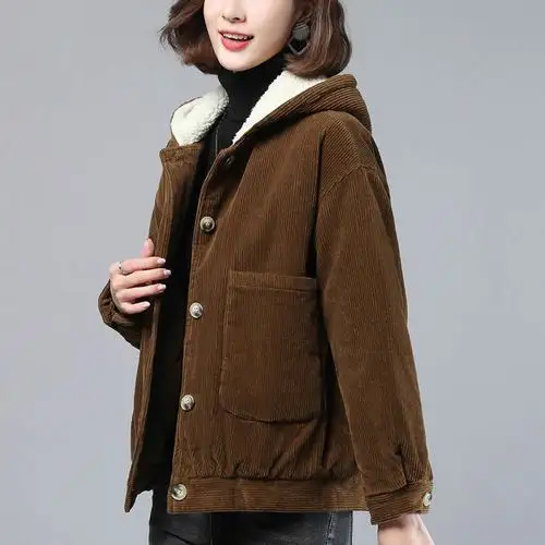 灯芯绒外套女短款宽松女士加厚连帽夹棉夹克