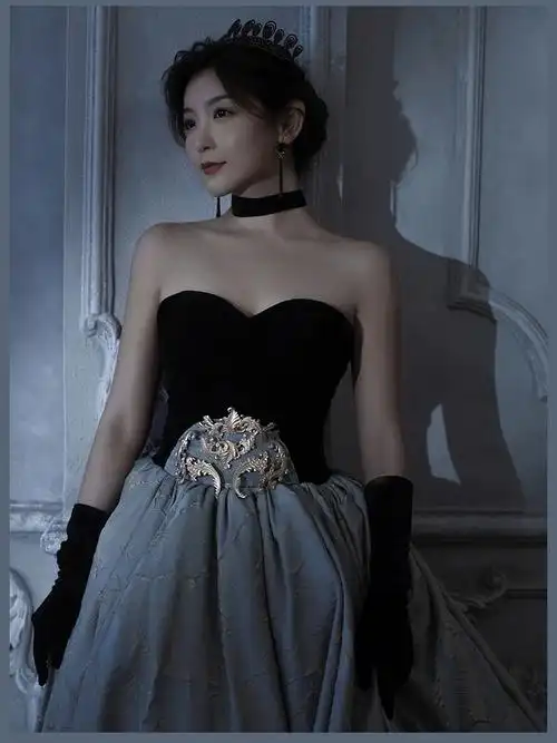 婚纱照拍了一组鞠婧祎同款黑色礼服裙78