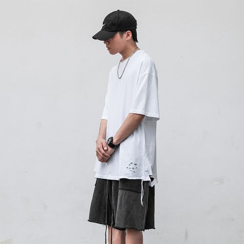 欧美嘻哈下摆破洞纯色t恤男侃爷暗黑高街风ins潮流宽松短袖打底衫