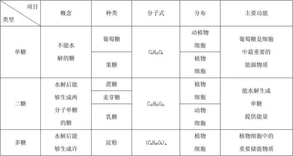 糖类的概念,种类,分布和主要功能总结如下表
