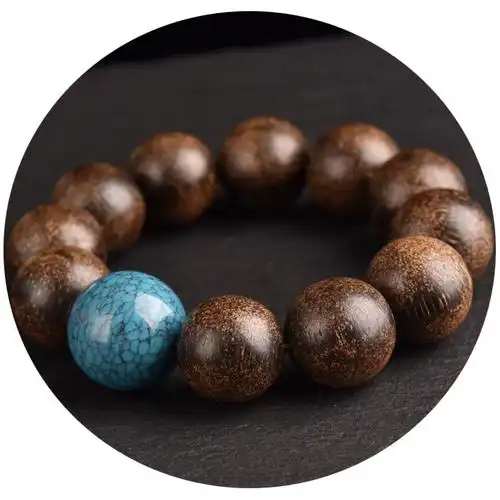 越南老料沉香20mm文玩佛珠手串搭绿松石顶珠手串