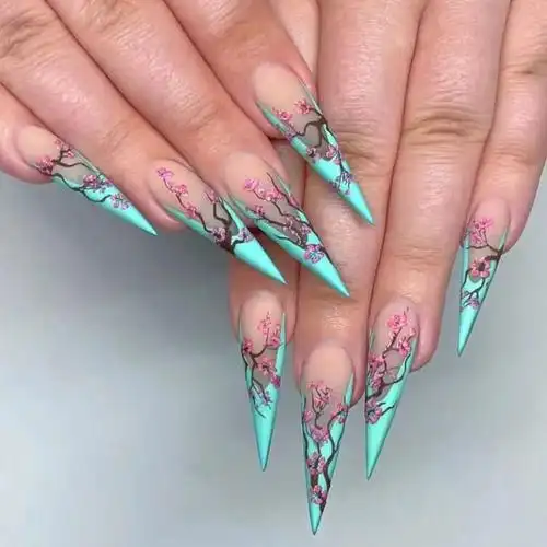 跨境热销美甲假指甲贴片超长尖甲法式蒂芙尼蓝梅花风