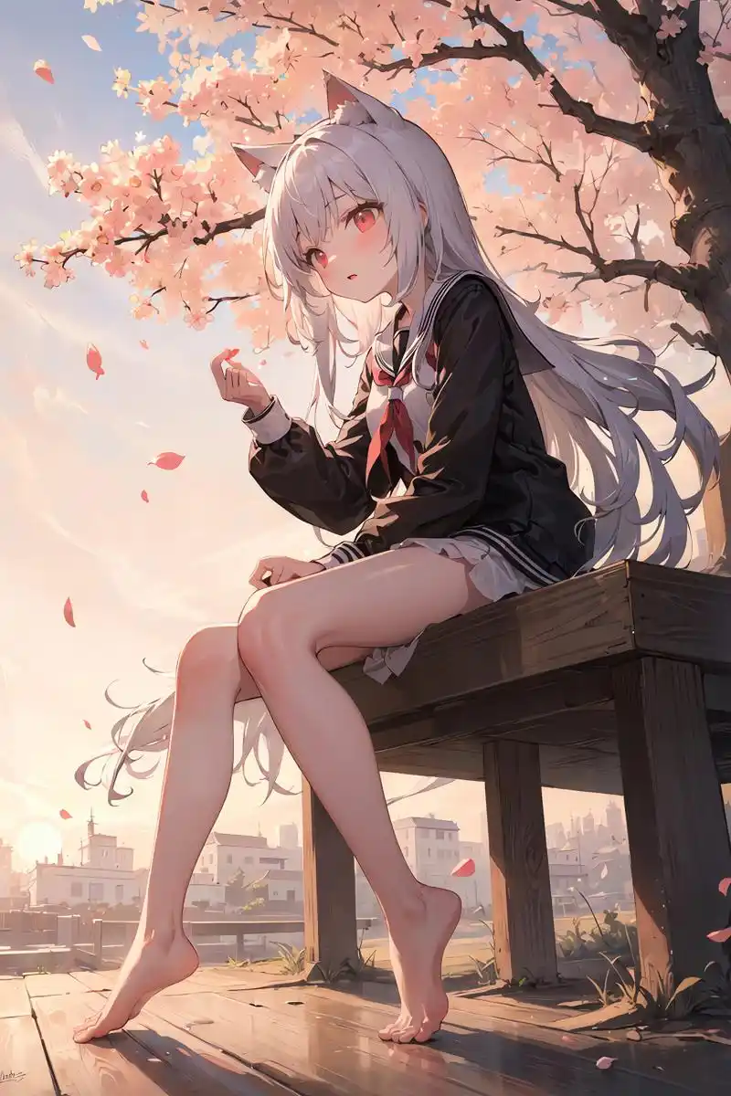 樱花树下的白毛猫耳娘[期待]  #二次元##ai绘画