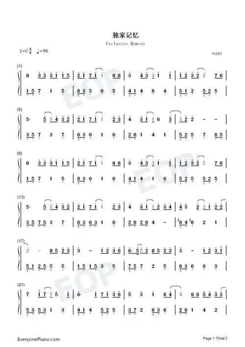 独家记忆c调简单版双手简谱预览1