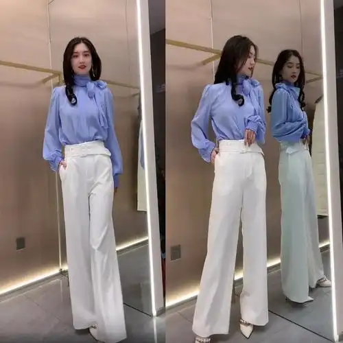 意爱芙服饰抖音同款蓝色系带宽松气质衬衫白色高腰阔腿裤长裤春季