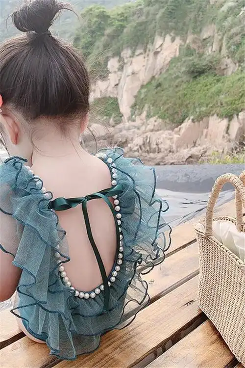 儿童泳衣女童夏装2020新款宝宝露背连体比基尼公主风蕾丝边泳装5月15