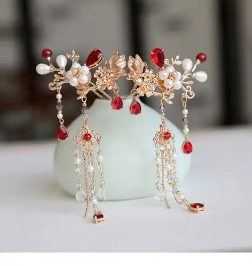 复古风发饰流苏步摇发簪汉服头饰套装公主宫廷发冠金钗令耳夹款红色一