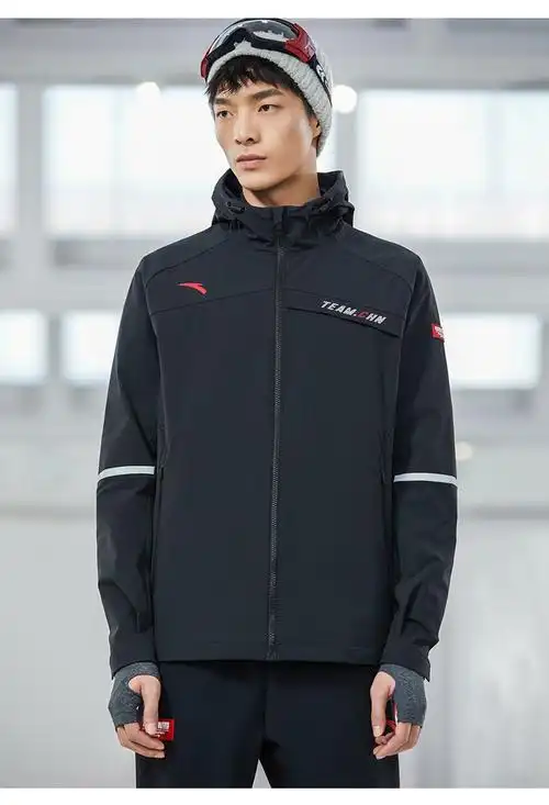 安踏运动外套男中国冰雪2022春季新款男士保暖连帽夹克防泼水4基础黑