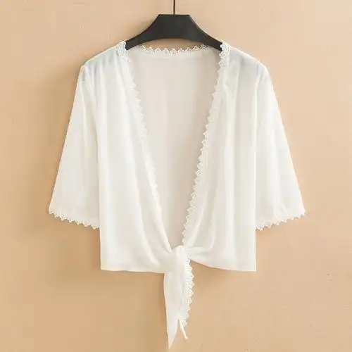 短款雪纺小披肩薄外套开衫防晒衣女夏季新款五分袖白色外搭配长裙