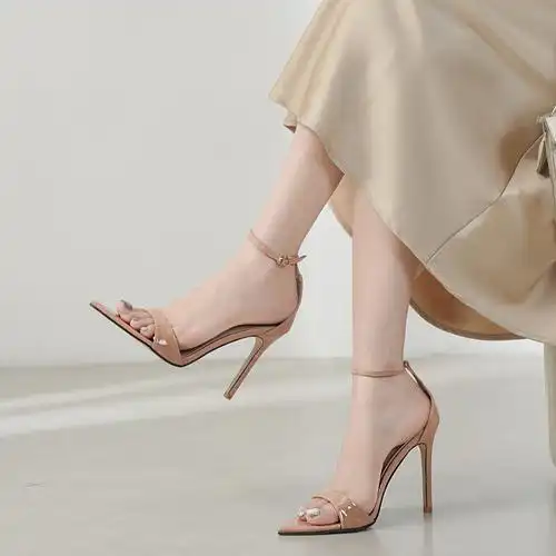 2024欧美新款尖头露趾细高跟女士踝带一字扣细跟凉鞋简约高跟女鞋