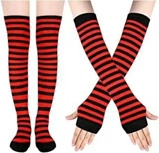 女式女孩条纹大腿袜彩虹过膝高运动长袜角色扮演手臂保暖无指手套套装
