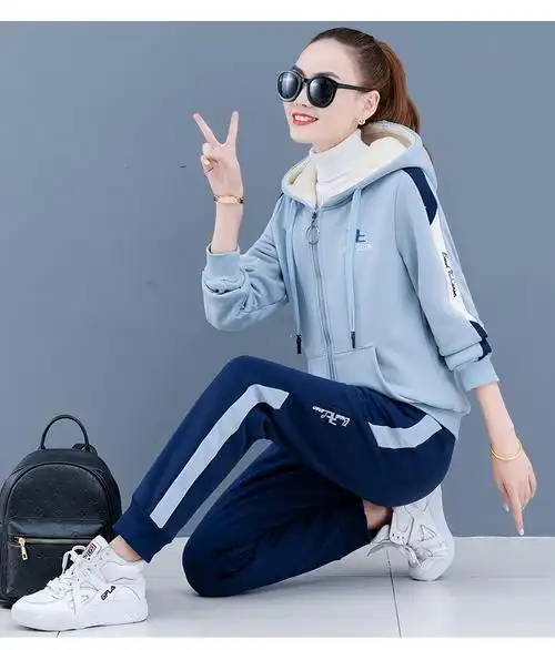 运动服套装女士秋冬季2022年新款休闲时尚洋气中青年学生卫衣长裤加绒