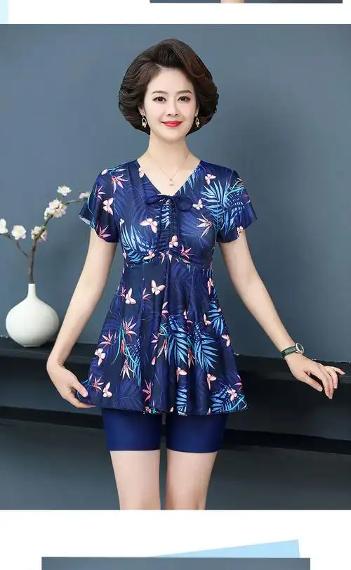 泳衣女大码胖mm裙式分体保守遮肉显瘦中老年妈妈时尚度假温泉泳装