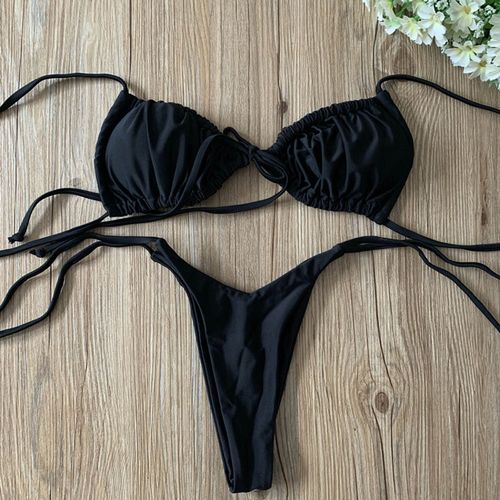 欧美新款泳衣女性感三角比基尼抽绳绑带小胸三点式bikini温泉泳装淡紫