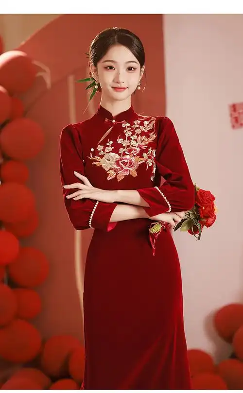 冬天敬酒服新娘丝绒秋冬改良旗袍结婚订婚礼服裙女冬天长袖冬季新中式