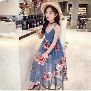 连衣裙夏装新款儿童露背长裙女孩雪纺吊带裙子3-12岁小孩子穿的吊带裙