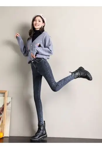 高腰九分牛仔裤女小脚铅笔裤子韩版学生紧身显瘦百搭加绒加厚长裤 蓝