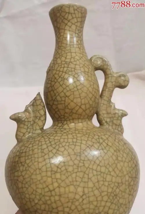 北宋哥窑米黄釉双凤耳葫芦瓶瓷片h