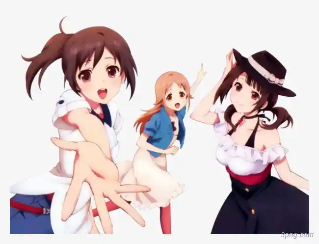 三个美少女png素材透明免抠图片卡通手绘