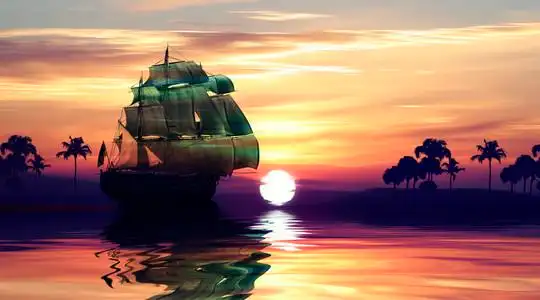 日出时的帆船剪影图片