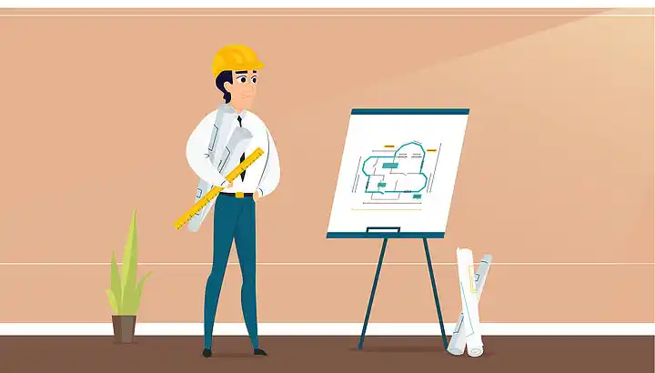 20男建筑师检查房间设计方案.在联合工作室工作卡通人物的矢量插图.