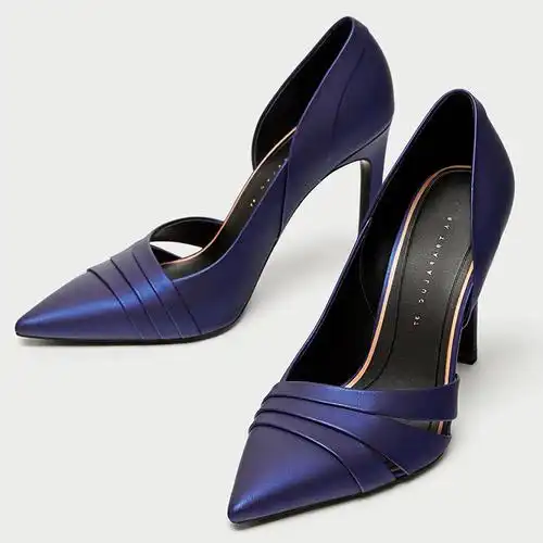 蓝色10cm礼仪高跟鞋za尖头侧空细跟女鞋优雅ol真皮浅口单鞋ra秋鞋