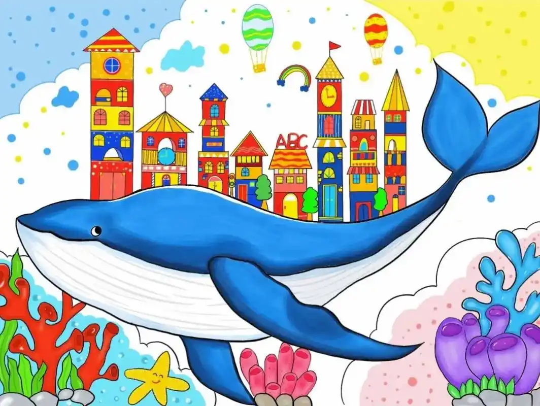 蓝鲸创意画.#创作灵感 蓝鲸创意画绘画过程来啦#一起学画画 - 抖音