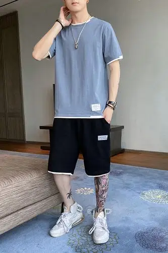男士套装 短裤 纯棉t恤短袖青少年潮流百搭夏季休闲运动男装 搭配