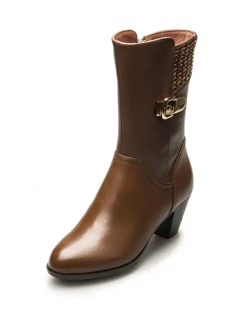2015新款咖色牛皮休闲女士时尚中筒靴