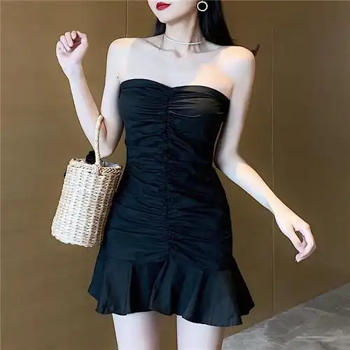夏季2019新款性感抹胸连衣裙气质高腰显瘦荷叶边包臀裙短裙子女装