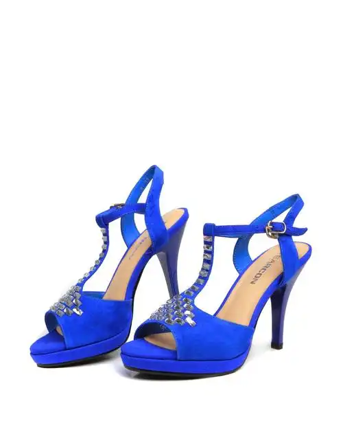 夏季时尚蓝色羊皮高跟凉鞋