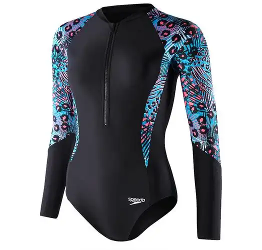speedo速比涛新款女士连体长袖泳衣防晒遮肚显瘦连体长划船服泳衣女