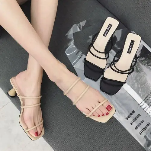 18夏方头粗跟凉拖欧美百搭一字带高跟鞋绒面露趾罗马拖鞋1666--10-润