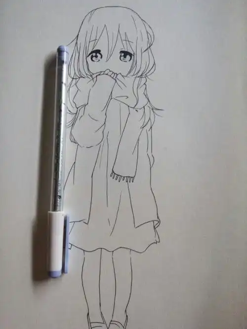 手绘线稿二次元女孩未上色版