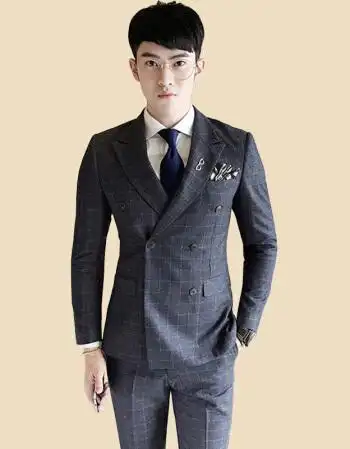 时尚商务休闲格子西服套装 男韩版修身双排扣格子西装三件套婚礼礼服