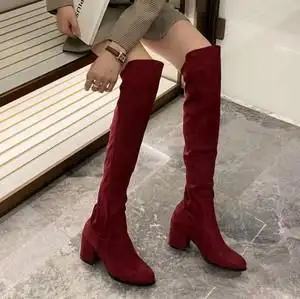 小个子过膝长靴女21秋冬新款显瘦韩版长筒靴高跟网红弹力靴酒红色