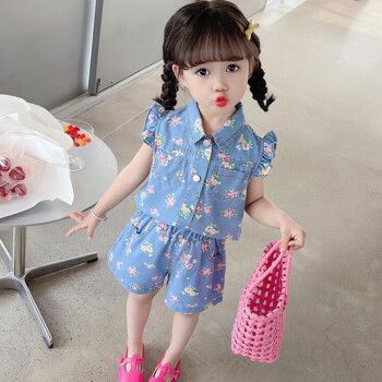 迪凡熊韩版时尚小女孩碎花牛仔套装女童夏装可爱洋气儿童服饰女宝宝