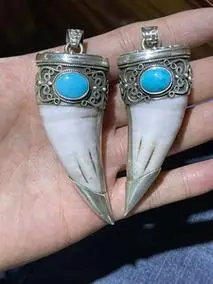 手工镶嵌虎牙熊牙虎爪熊爪狼牙包金银龙虎头k金定制款来图定做