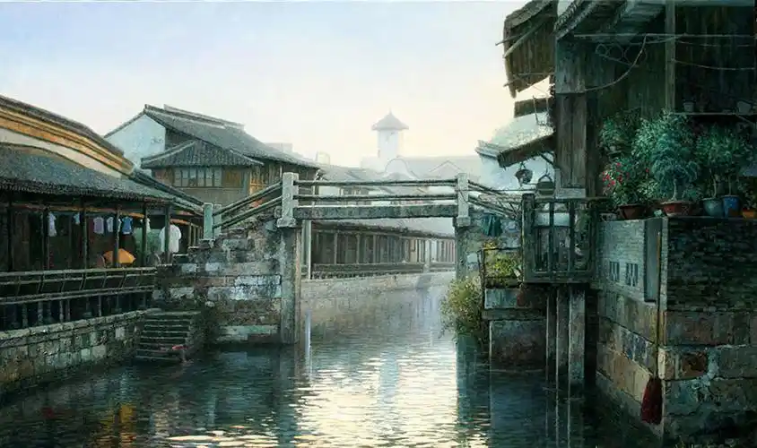 江南水乡风景油画 瓦房下的小溪 高清素材下载