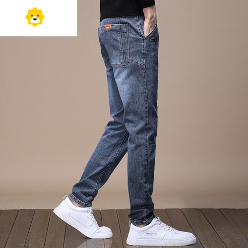 秋季新款牛仔裤男潮牌修身小脚高端百搭弹力加长男士长裤子蓝灰色