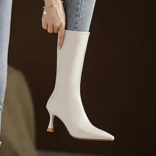 白色新款长靴高筒靴软皮细跟高跟鞋尖头春秋单靴子时装靴