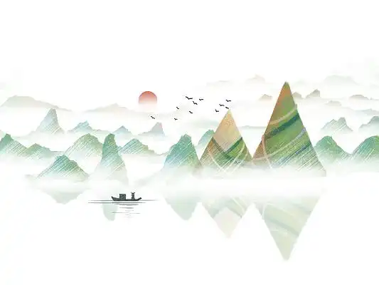 绿色手绘水墨风卡通山水粽子山渔船端午节元素png素材