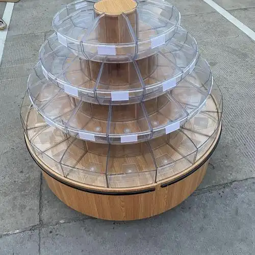 超市木质四层散称柜散装零食货架饼干糖果休闲食品圆形中岛展示柜