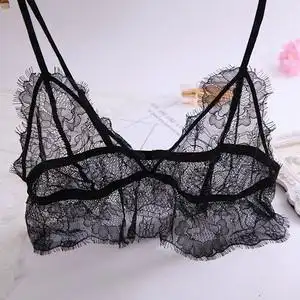 新年特惠蕾丝透视内衣性感柔软黑色细肩带套头睫毛边舒适薄款文胸