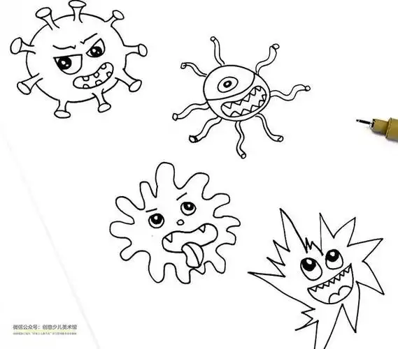 细菌图片剪下卡通来笔画粘贴在卡通黑白儿童刮画纸上调整噜噜和丰富噜