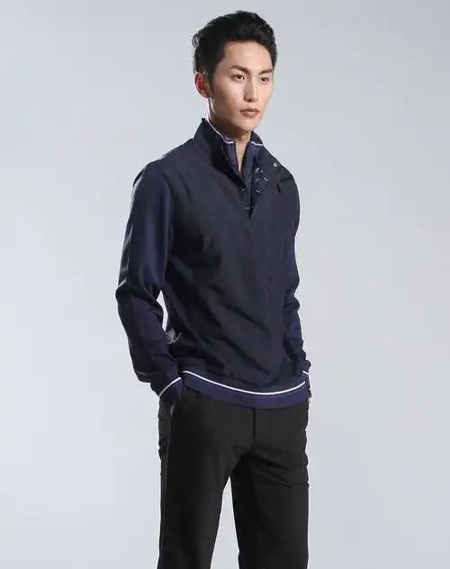 1828collection男装专场-深蓝色半开襟拼接布长袖t恤