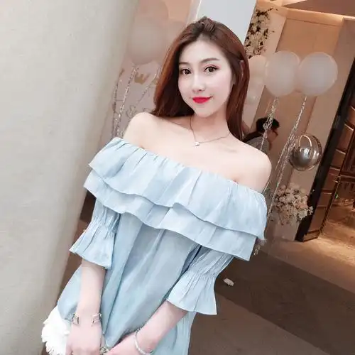小清新一字肩上衣女夏潮韩版甜美露肩一字领荷叶边雪纺衫一件代发