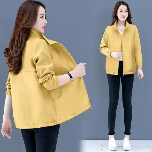 外套女春秋2021年新款韩版直筒休闲秋天女士纯色立领短款薄外套
