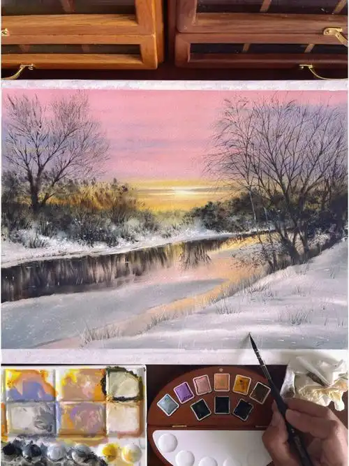 水彩风景丨雪伴曦梦丨附全过程图