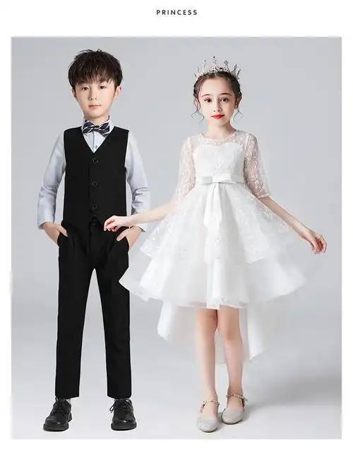 花童婚礼小女孩礼服女童公主裙洋气10-12岁男童西服套装儿童帅气西装